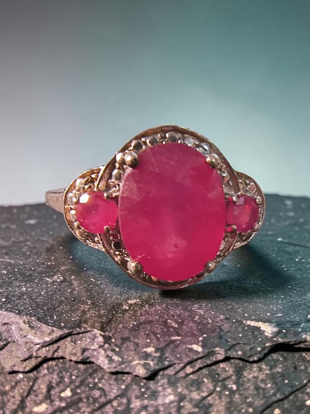 Vintage Chuck Clemency Ruby Ring In Sterling Silver With Clear Pave' Halo